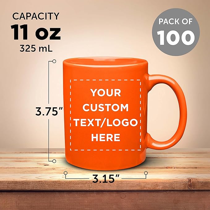 Custom Ceramic Coffee Mugs 11 oz. Set of 100, Personalized Bulk Pack - Coffee cup set, Iced coffee cup, Gaming mug - Orange