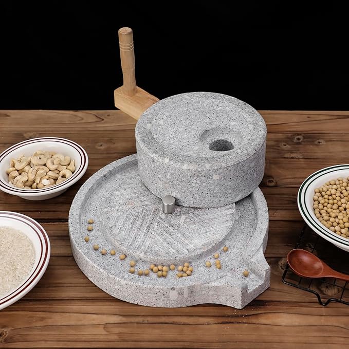 Artisanal Natural Stone Grain Mill (Solid Wood Base) - Household Grinder for Wheat/Spices & Coffee Beans, Ideal for Breads & Tortillas (7.87x11.8 Inches)