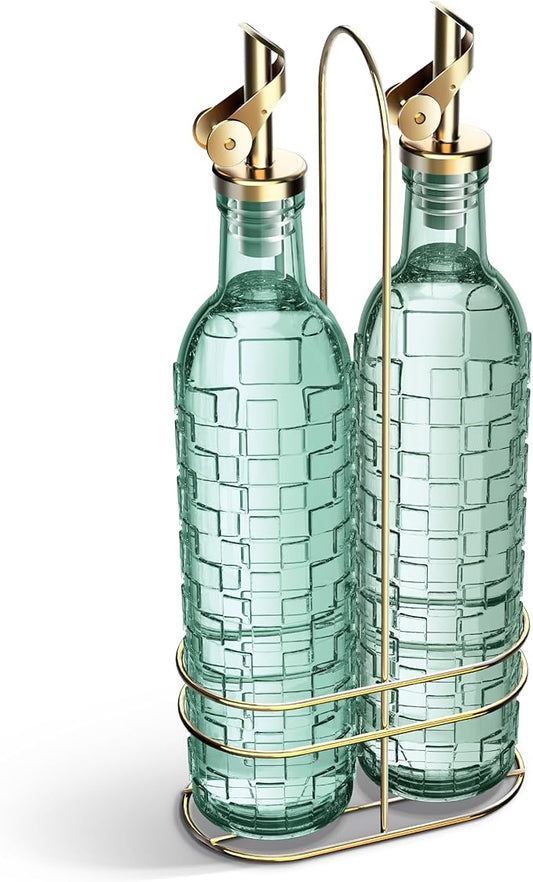 COOK WITH COLOR Glass Olive Oil Bottle Dispenser - 2 Pack- 17oz Oil and Vinegar Cruet - Olive Oil Carafe Decanter for Kitchen, Checkered, Green