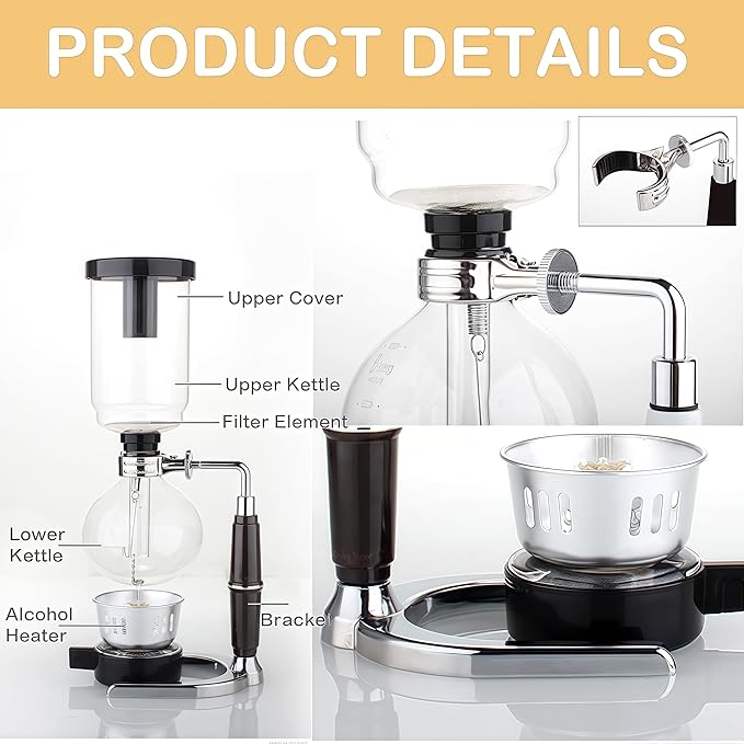 Borasilicate Glass Syphon Coffee Maker, 5-Cup 600ml(20.3 oz)Vaccum Gravity Clear Coffee Tabletop Siphon Pot with Reusable Cloth Filter Coffee Brewer Hot Tea Maker Machine(Standard Edition)