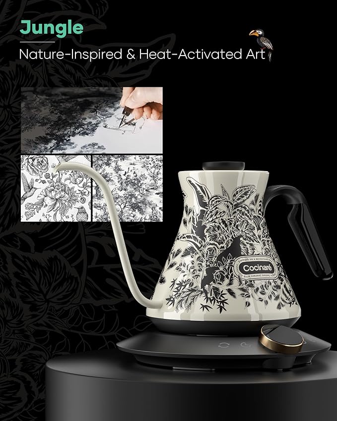 Cocinare Color-changing Collection Jungle Gooseneck Electric Kettle, ±0.5℉ Precise Temperature Control for Pour-Over Coffee & Tea, Quick Heating 1500W, Stainless Steel Interior, 0.9L