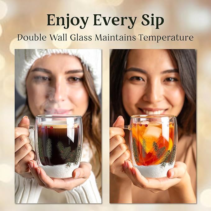 Gusto Buono Christmas Double Wall Glass Mugs Set of 4, 11 oz Borosilicate Coffee Tea Mugs, 12 cm Clear Insulated Glass with Christmas Design Inside, Italian Crafted Winter Charm