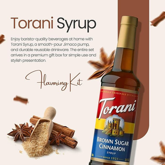 Jimoco Barista Set – Torani Brown Sugar Cinnamon Syrup 25.4 oz, Jimoco Pump, Reusable Cup, Straw & Stirrer – Coffee, Italian Soda & Cocktail Flavoring Kit