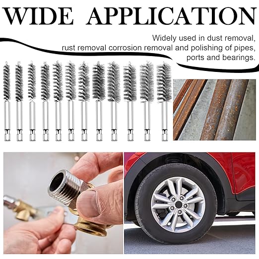 Patelai 12 Pcs Stainless Steel Wire Bore Brush Different Size Twisted Cleaning Brush with Handle 1/4 Inch Hex Shank for Power Drill Impact Driver (8/ 9/ 10/ 11/ 13/ 16/ 18/ 19/ 22/ 25/ 28/ 30 mm)