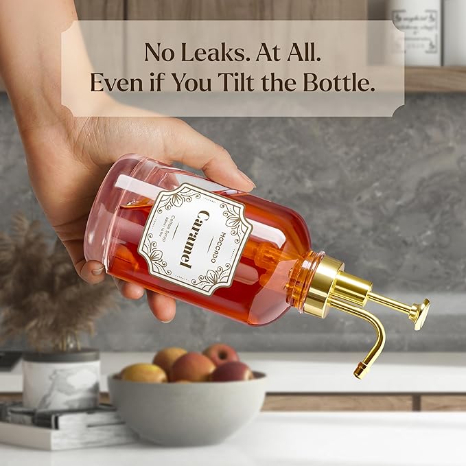 Moccado Glass Coffee Syrup Dispenser for Coffee Bar - Set of 2 Gold 500 ml / 16.9 oz Glass Syrup Bottles, Includes Bamboo Tray, 16 Stencils, Labels, Coffee Bar Accessories