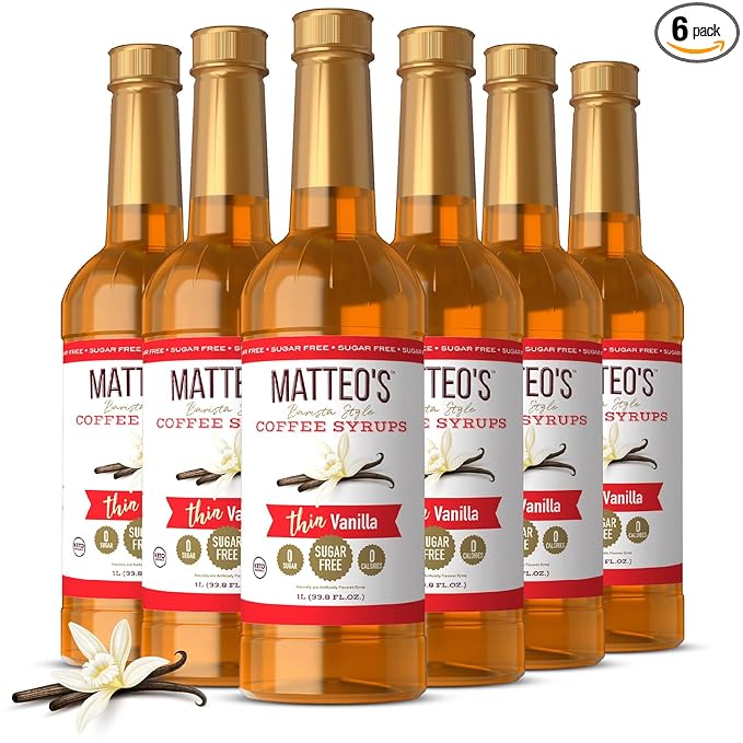 Matteo's Vanilla Syrup for Coffee, Lattes, Cappuccinos & Desserts – Sugar-Free Sweetener for Beverages, Keto Friendly, Zero Calories, Indulgent Flavor, Non-Alcoholic, Ideal for Hot Drinks 33.8oz (6pk)