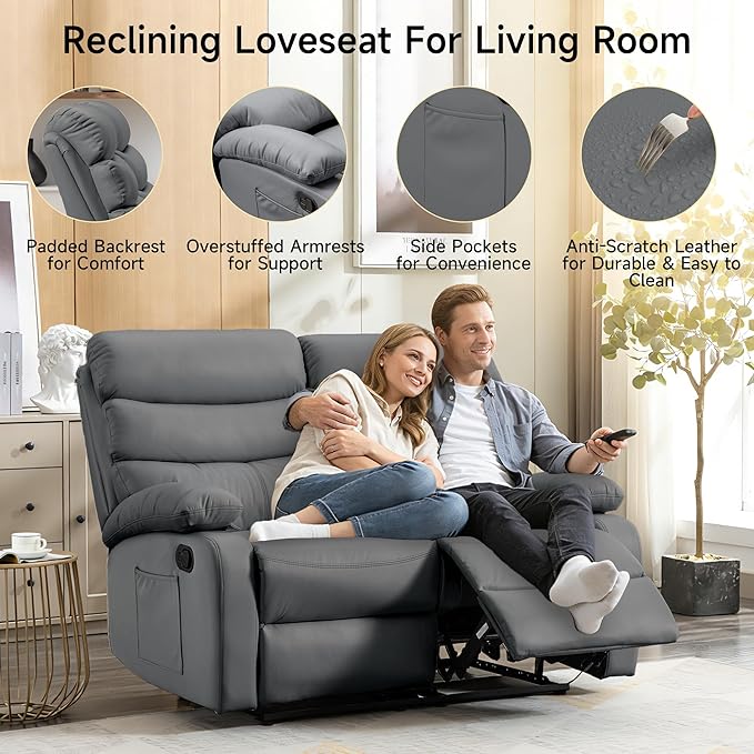 Reclining Loveseat, Anti-Scratch Leather Double Recliner Sofa with Side Pocket, Wall Hugger Loveseat Recliner for Living Room, RV, Home Theater(Grey)
