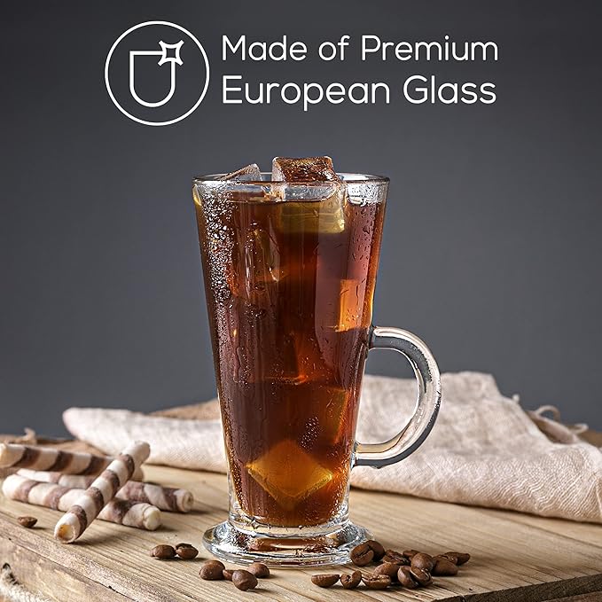 Crystalia Tall Irish Coffee Mugs with Handle, Large Colombian Glasses Set of 2, Tall Funnel Clear Glasses for Iced Coffee, Latte, Cappuccino, and Hot Chocolate, Big Plain Glass (Large 12 oz)