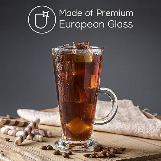 Crystalia Tall Irish Coffee Mugs with Handle, Large Colombian Glasses Set of 2, Tall Funnel Clear Glasses for Iced Coffee, Latte, Cappuccino, and Hot Chocolate, Big Plain Glass (Large 12 oz)