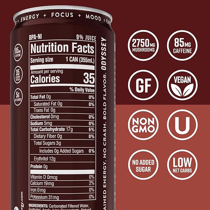 Odyssey Functional Energy Drink for Focus, Cognition & Mood Support 12 Pack - Adaptogenic Drink with 85mg Green Tea Caffeine, Lion’s Mane, Cordyceps, L-Theanine & Ginseng, Sparkling Cola