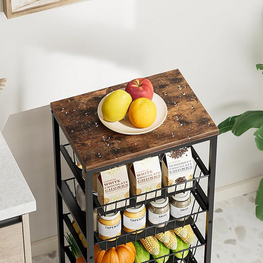 Fruit Vegetable Cart, 4-Tier Snack & Kitchen Cart on Wheels with Storage, Pull-Out Baskets & Wood Top, Rolling Organizer for Pantry, Living Room (Brown)