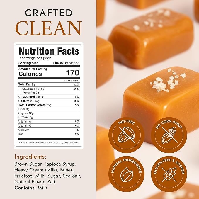 Béquet Caramel - Celtic Sea Salt Caramel - Gourmet Caramel Candy - Salted Caramel Candy Individually Wrapped - Made in Montana - Kosher (Star D) and Gluten Free - 3.6 oz Single Pouch