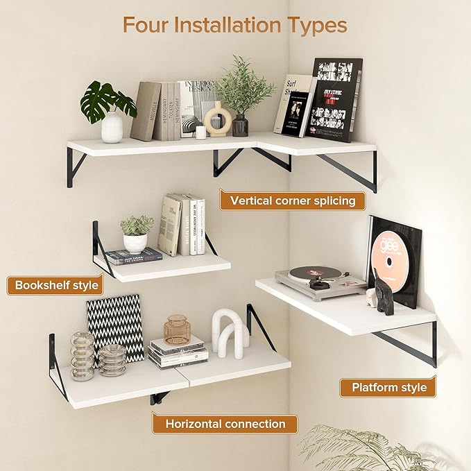 Deep Floating Shelves Wall Mounted, 30"x12" White Wall Shelves with Brackets Set of 2 for Bedroom, Living Room, Bathroom, Kitchen, Office - Storage & Display Shelf for Decor, Books, Plants