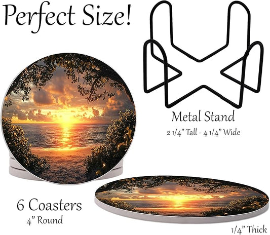 Summer Sunshine Beach Season Leaves Round Coasters Set of 6 - Abosrbent Ceramic Coasters with Metal Stand for Drinks, Coffee, Non-Slip Cork Back for Tabletop Protection, 4 Inches (Sunset)