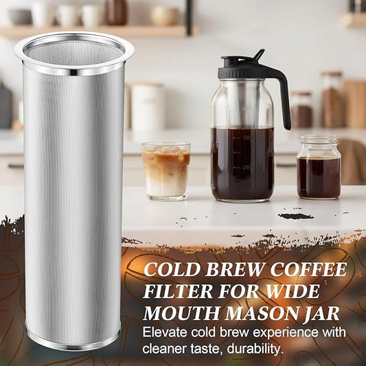 Acellegic Cold Brew Coffee Filter with Brush for 64 Oz/2 Quart Wide Mouth Mason Jar Infuser 304 Stainless Steel Filter Food Grade Strainer with Sealing Ring for Iced Drink Fruit Tea Coffee Maker