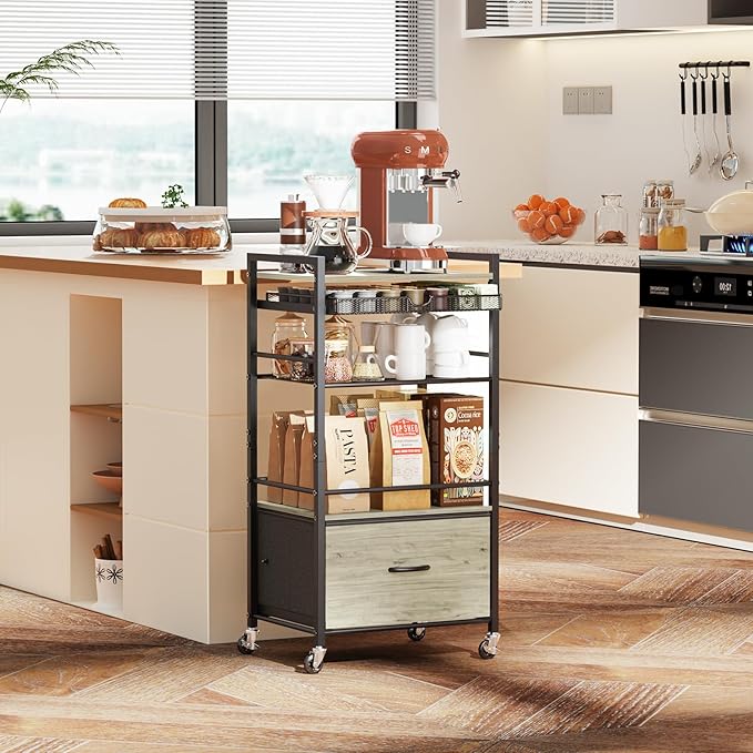 Coffee Bar Cabinet with Storage，5 Tier Coffee Station Table on Wheels, 33.6" H Cart with Drawer for Home Kitchen, Liquor Buffet Sideboard Cabinet (Black)