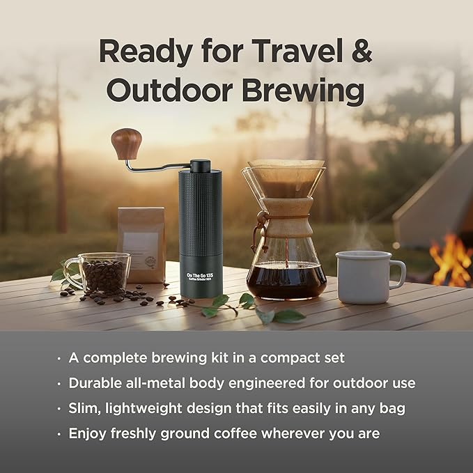 On The Go 135 Manual Coffee Grinder - Stainless Steel Conical Burr with Adjustable Setting, Double Bearing - Max Capacity 0.88oz, Hand Grinder for Home, Travel and Camping, and Gift