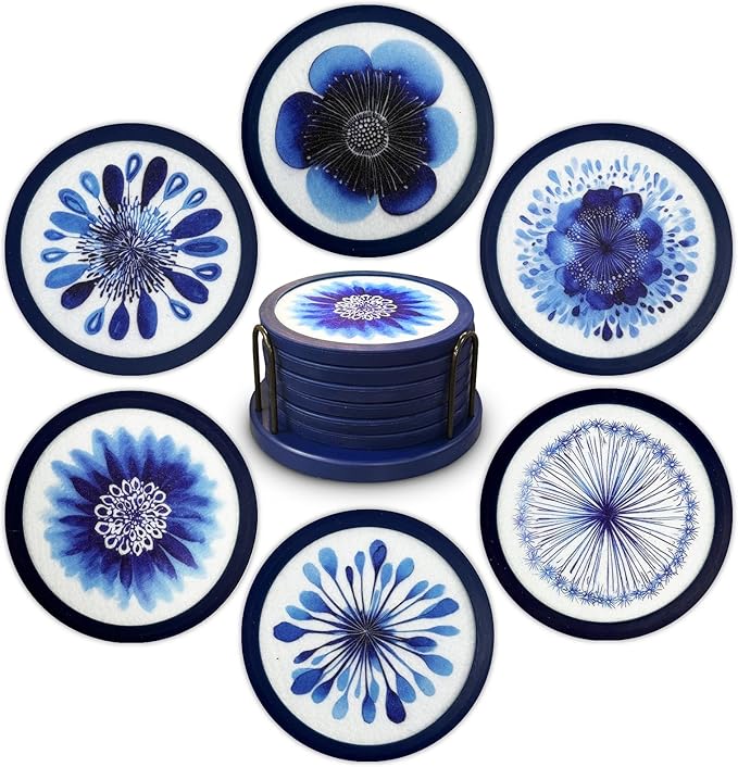 Indigo Floral Non-Slip Silicone Coasters, 4-Pack Double-Sided Absorbent Cup Mats for Hot & Cold Drinks, Scratch & Water Ring Protection for Wood Tables, Home Office Bar Use (6PC)