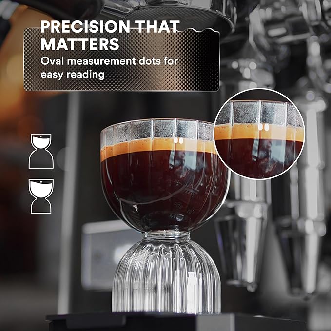 ovalware Espresso Shot Glass Set of 2 | 30ml/1oz and 60ml/2oz Dual-Dose Stackable Borosilicate Cups | Cool-Touch Thermal Base | Oval Measurement Dots for Consistent Espresso Shots
