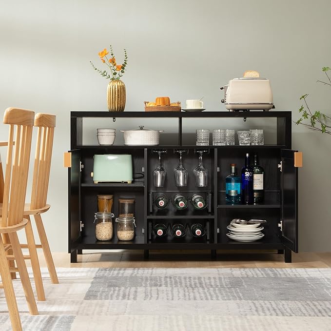 SICOTAS Rattan Coffee Bar Cabinet, 51" Sideboard Buffet Cabinet with Storage, Modern Liquor Cabinet with Wine Racks Credenza Console Buffet Table for Home Living Dining Room, Black Oak