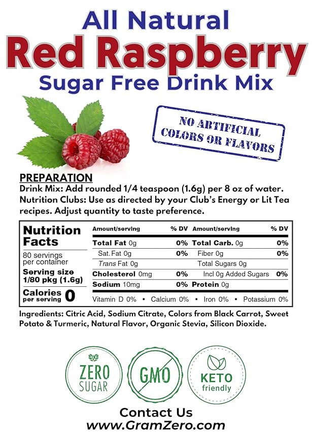GramZero All Natural Red Raspberry Zero Calorie Sugar Free Drink Mix, Great For Nutrition Club Loaded Tea, Stevia Sweetened