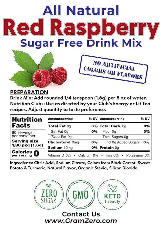 GramZero All Natural Red Raspberry Zero Calorie Sugar Free Drink Mix, Great For Nutrition Club Loaded Tea, Stevia Sweetened