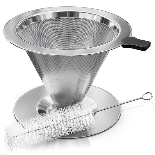 Stainless Steel Pour Over Coffee Maker With Cleaning Brush & Non-Slip Silicone Handle - 2 Cups Capacity Stainless Steel Pour Over Coffee Dripper With Secure Wide Base, Clean Flavor Paperless