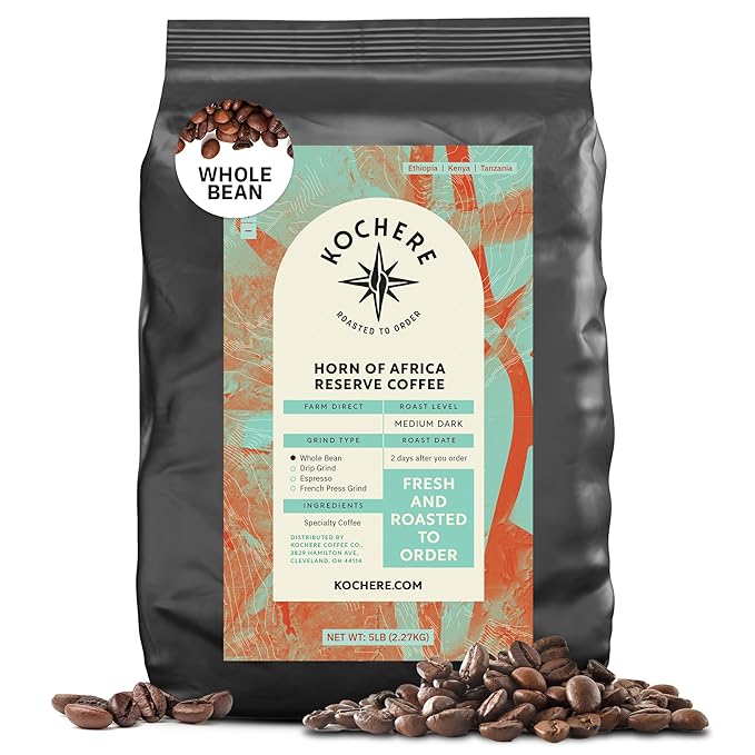 Kochere Horn of Africa Signature Blend – 5LB Whole Bean Coffee – Freshly Roasted to Order – Complex, Bold Flavor – Notes of Dark Chocolate, Spice & Berry