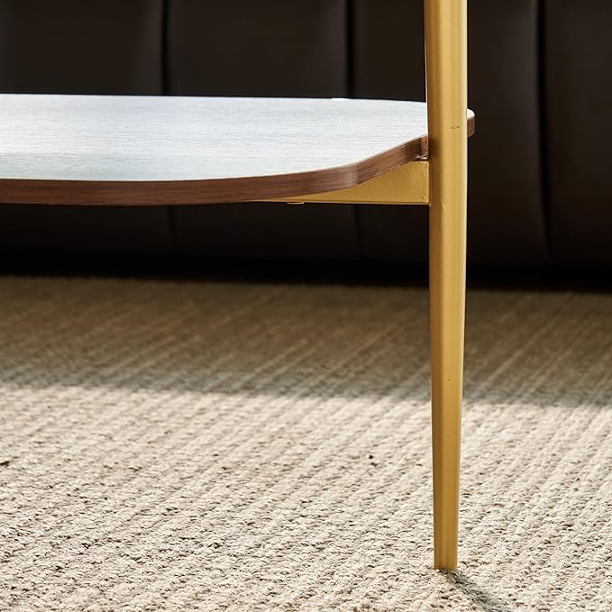 Shrine Oval Glass Coffee Table, Mid-Century Modern Design, Two-Tier Walnut MDF Rounded Corner Table, 41" D x 21" W x 17" H, Sleek Conical Metal Legs with Gold Finish