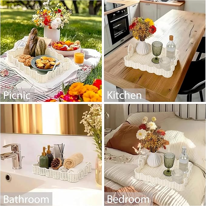 GRANNY SAYS Scalloped Edge Rectangle Serving Tray, Coffee Table Tray, Wicker Serving Trays with Handles, Decorative Tray for Coffee Table, Woven Tray, 15 ¾"×11 ½"×2 ¼", White