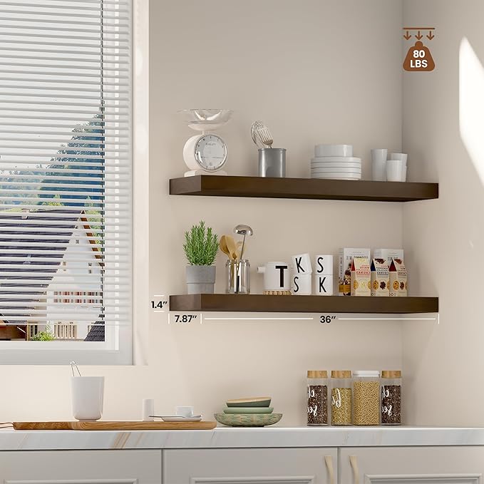 Vivelove Solid Wood Rustic Floating Shelves 8 inch Deep, 36” x 8”x 1.4” Floating Wall Shelves for Living Room Kitchen Bedroom Bathroom Office, Farmhouse Home Decor, 2 Packs, Dark Walnut, Pine Wood