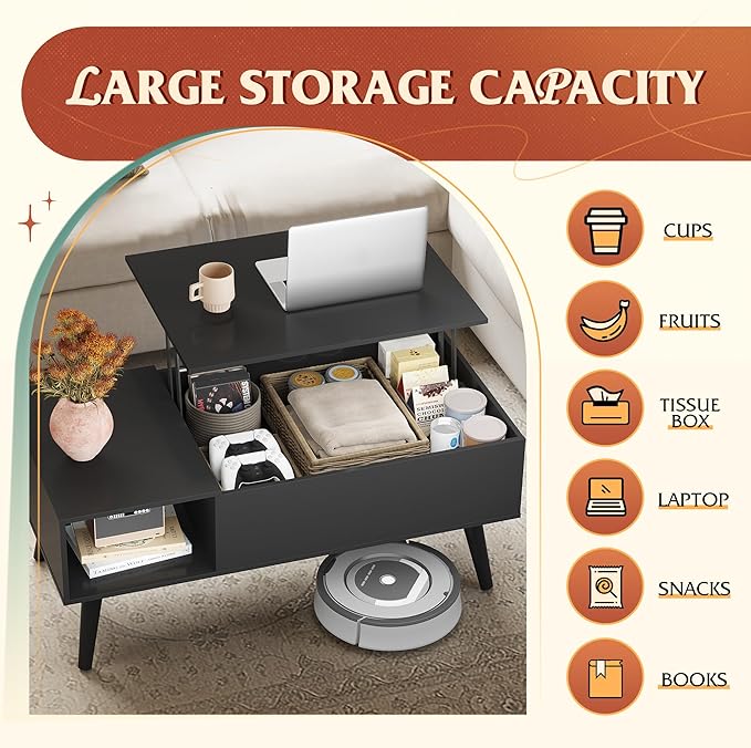 WLIVE Coffee Table for Living Room, Lift Top Coffee Table with Storage, Small Rising Wooden Dining Center Table with Storage Shelf & Hidden Compartment, 39" Black