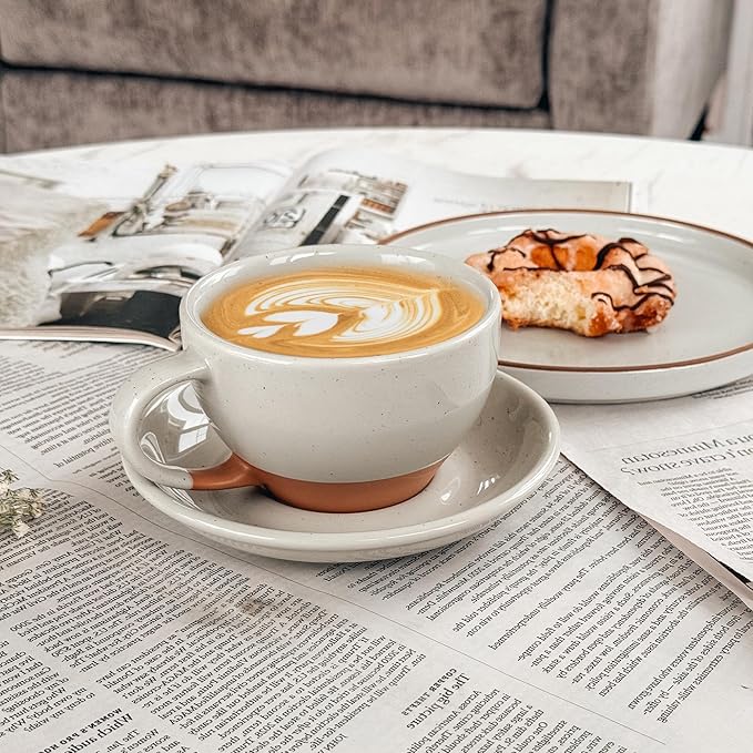 MORA Ceramic Latte Art Mug With Saucer - 10.5 oz, Round Bottom For Perfect Pours - Cafe Cups for Cappuccino, Espresso, Coffee, Tea etc - Porcelain Set for Baristas, Great Gift - Earl Grey