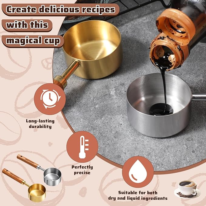 2 Pcs Measuring Cup with Wooden Handle Food Scoop Measuring Cups 1/4 Cup Stainless Steel Measurings Cups 60 ML Coffee Measurings Scoops (Gold Silver)
