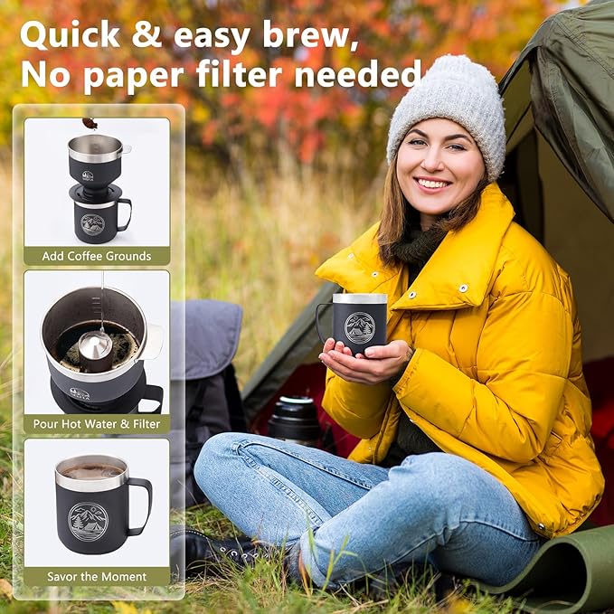 Stainless Steel Pour Over Coffee Maker Set, Outdoor Coffee Dripper, Reusable Coffee Filter&Insulated Camping Mug (16oz), for Hiking, Camping&Outdoor Adventures, Rinse-clean&Portable -Black