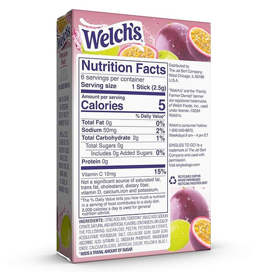 Welch's Singles To Go Water Drink Mix - Passion Fruit Powder Sticks (12 Boxes with 6 Packets Each - 72 Total Servings)