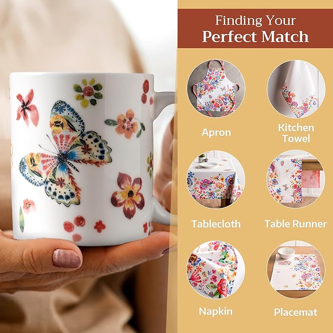 Maison d' Hermine Coffee Mug with Handles Fine Bone China Mugs Pack of One Tea Cups for Hot Beverages Cappuccino Latte Home Office Perfect for Gift (Happy Florals - High Summer Butterfliess, 12 Ounce)