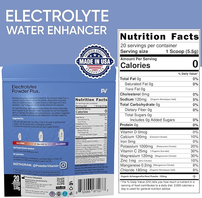 PowderVitamin Electrolytes Powder Plus (20 Servings) Blueberry Grape Electrolyte Powder Zero Calorie Keto,0 Sugar, No Maltodextrin,1000mg Potassium,120mg Calcium,120mg Magnesium, Pink Himalayan Salt