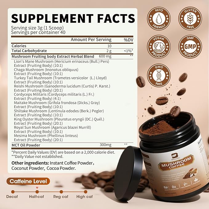 B BEWORTHS 2Pack Mushroom Coffee Powder with MCT Oil - 10 Mushroom Lion's Mane, Turkey Tail, Reishi, Cordyceps & Chaga - Instant Arabica Mushroom Coffee for Focus, Immune, Gut & Brain Health | Keto