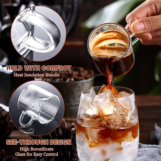 Espresso Cups, Set of 4, Glass Coffee Espresso Cups with Pour Spout, 4 oz, Clear, Dishwasher Safe