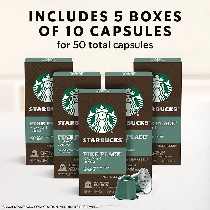 Starbucks by Nespresso Original Line, Pike Place, Medium Roast Coffee, 50-count Espresso Pods