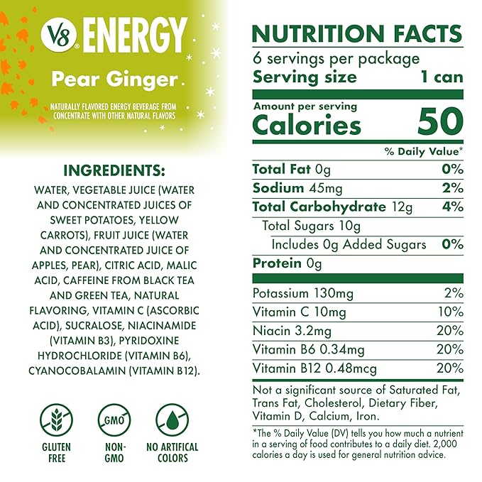 V8 Energy Pear Ginger Energy Drink, 8 fl oz Can (6 Pack)