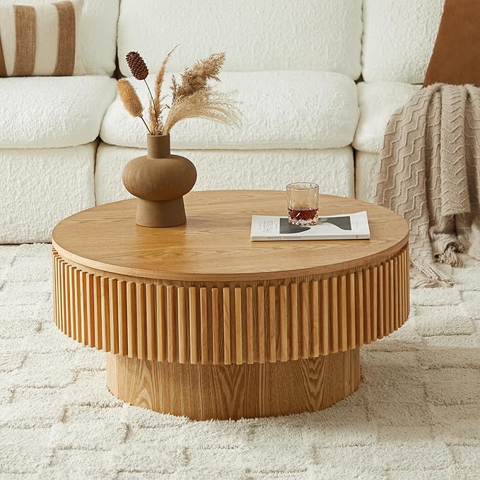 SZTHHDF Round Coffee Table for Living Room,Fluted Drum Accent Tea Center Table with Storage,Circle Modern Coffee Tables for Small Space Office Apartment (31.5" L×31.5''W×14''H-Natural)