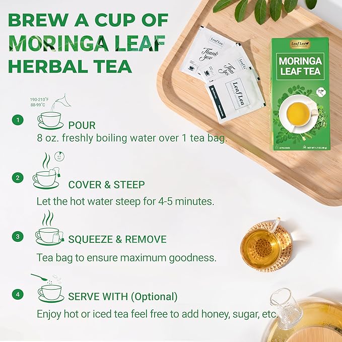 LeafLea 80 Moringa Tea Bags, Made from Natural Moringa Leaves, Caffeine-Free Herbal Tea, Sugar-Free, Individually Wrapped for Fresh Flavor (Pack of 2)
