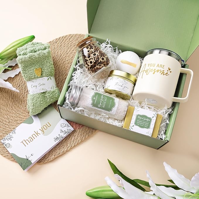CARAKNOTS Thank You Gifts for Women, Appreciation Gifts for Teacher Employee Sage Green Gift Basket with 12oz Mug with Handle, Relief Joy Jar Spa Set Box for Coworker Female Friends Christmas Birthday