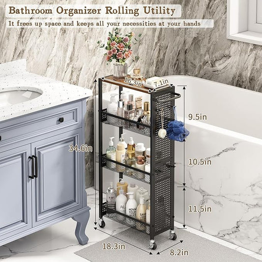 Utility Slim Storage Cart 4 Tier Small Rolling Kitchen Laundry Room Organization Cart with Wood Top Metal Narrow Laundry Room Shelves Cabinet Unit Laundry Organizer Trolley with Handle for Small space
