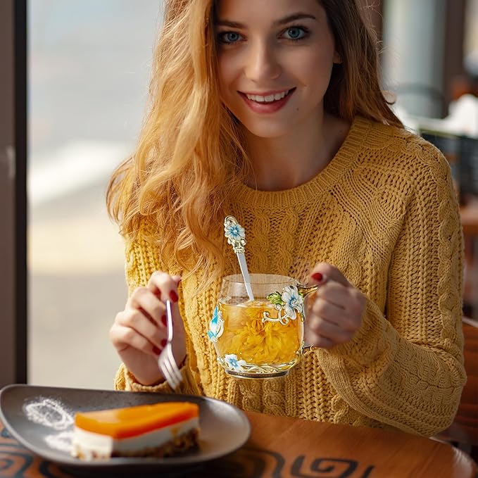 Tea Cup Glass Coffee Mugs,Fancy Tea Cup Set Birthday Christmas Valentine's Day Gift Idea for Tea Lover and Women Novelty Coffee Mugs Rose Flower Enamel Cup with Spoon (Blue rose & butterfly daisy cup)