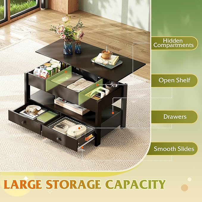 WLIVE Coffee Table, Lift Top Coffee Table with 2 Drawers, Large Storage and Open Shelf, Lift Tabletop for Living Room, Black