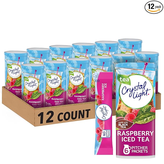 Crystal Light Raspberry Iced Tea Naturally Flavored Powdered Drink Mix, 72 ct Pack, 12 Canisters of 6 Pitcher Packets