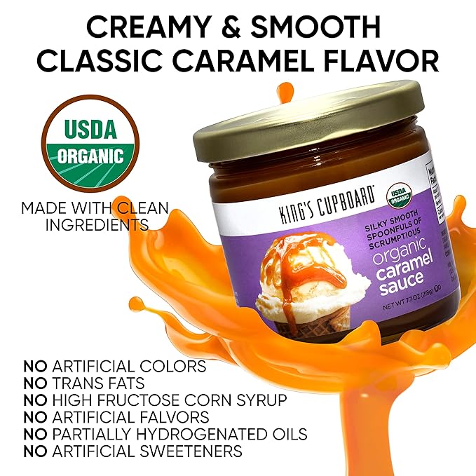 King's Cupboard Organic Caramel Sauce - The Perfect Sauce for Ice Cream, Fruit Dip, Topping Desserts, Caramel Drizzle for Coffee - Gluten-Free, Kosher, Organic, All Natural, 7.7 oz - Pack 4